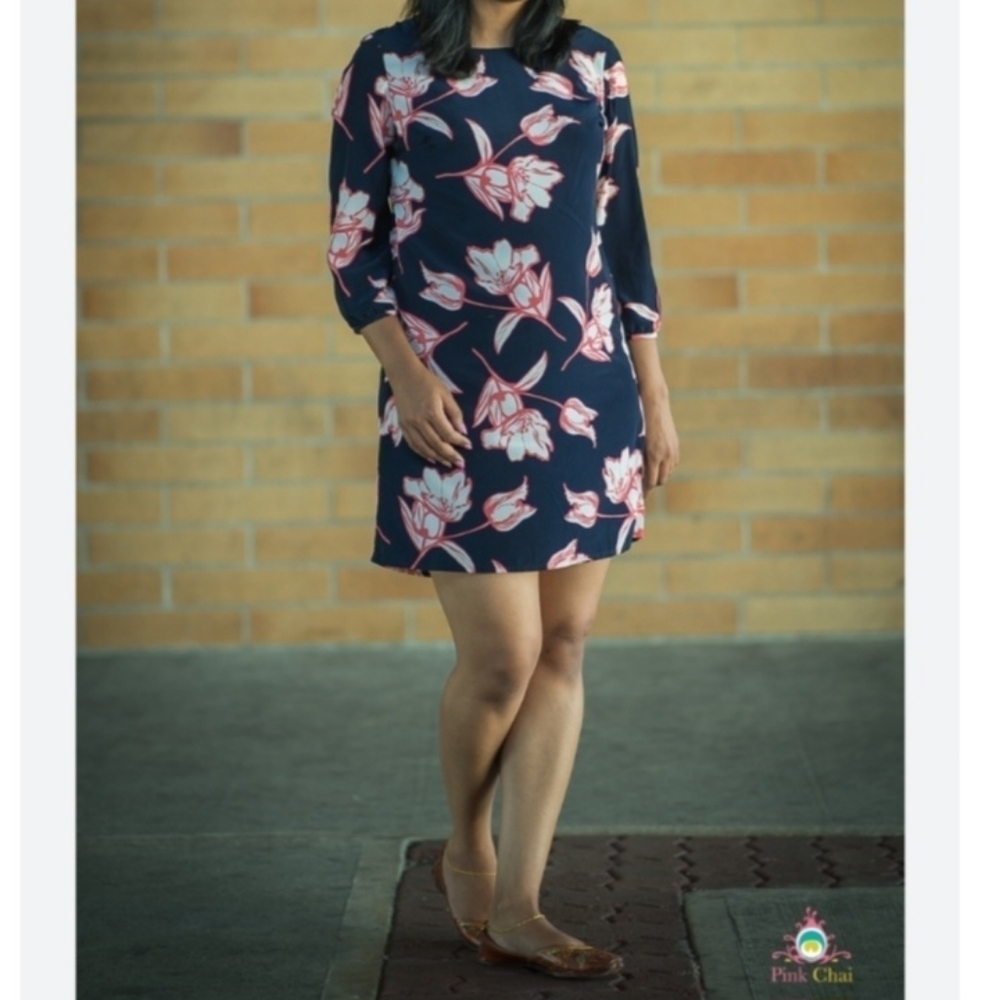 Old Navy Blue Floral Shirt Dress Women's Medium M Lined 3/4 Sleeve Short Mini